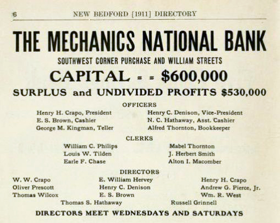 1911 MEchanic's National Bank Directory Listing - New Bedford, Ma. - www.WhalingCity.net