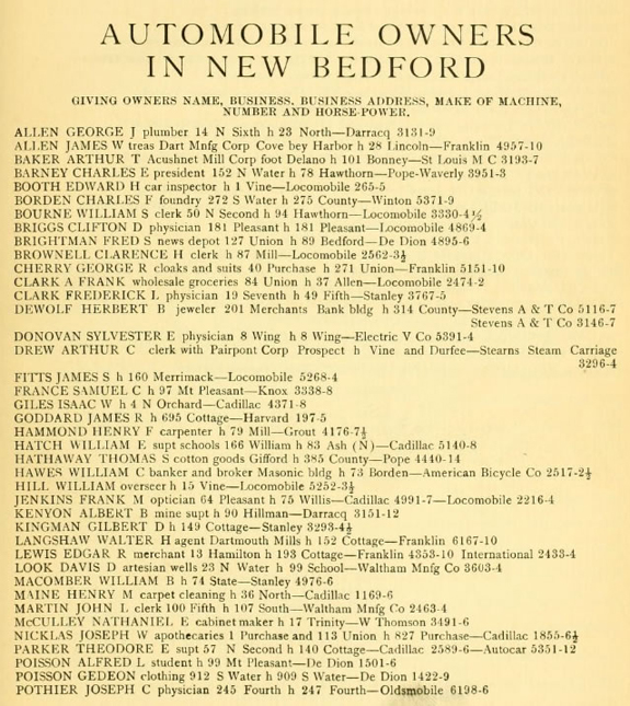 1918 Automobile WOners in New Bedford - www.WhalingCity.net