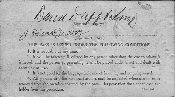 1918 Water Front Pass Thomas Geary - Back - www.Whaling City.net